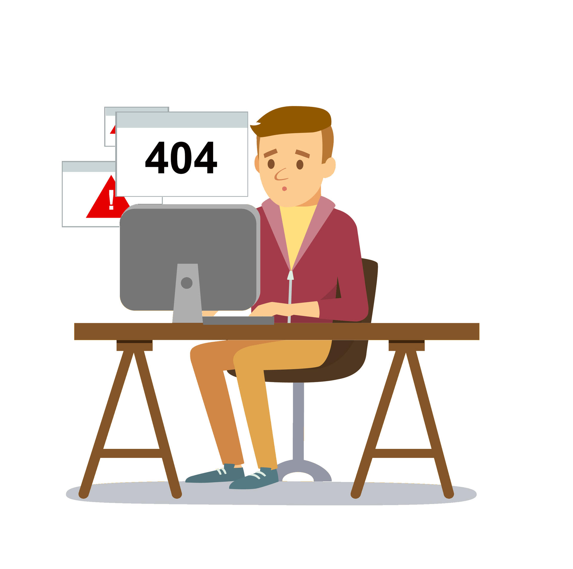 Illustrated student sitting at his desk. The message 404 appears above his laptop 